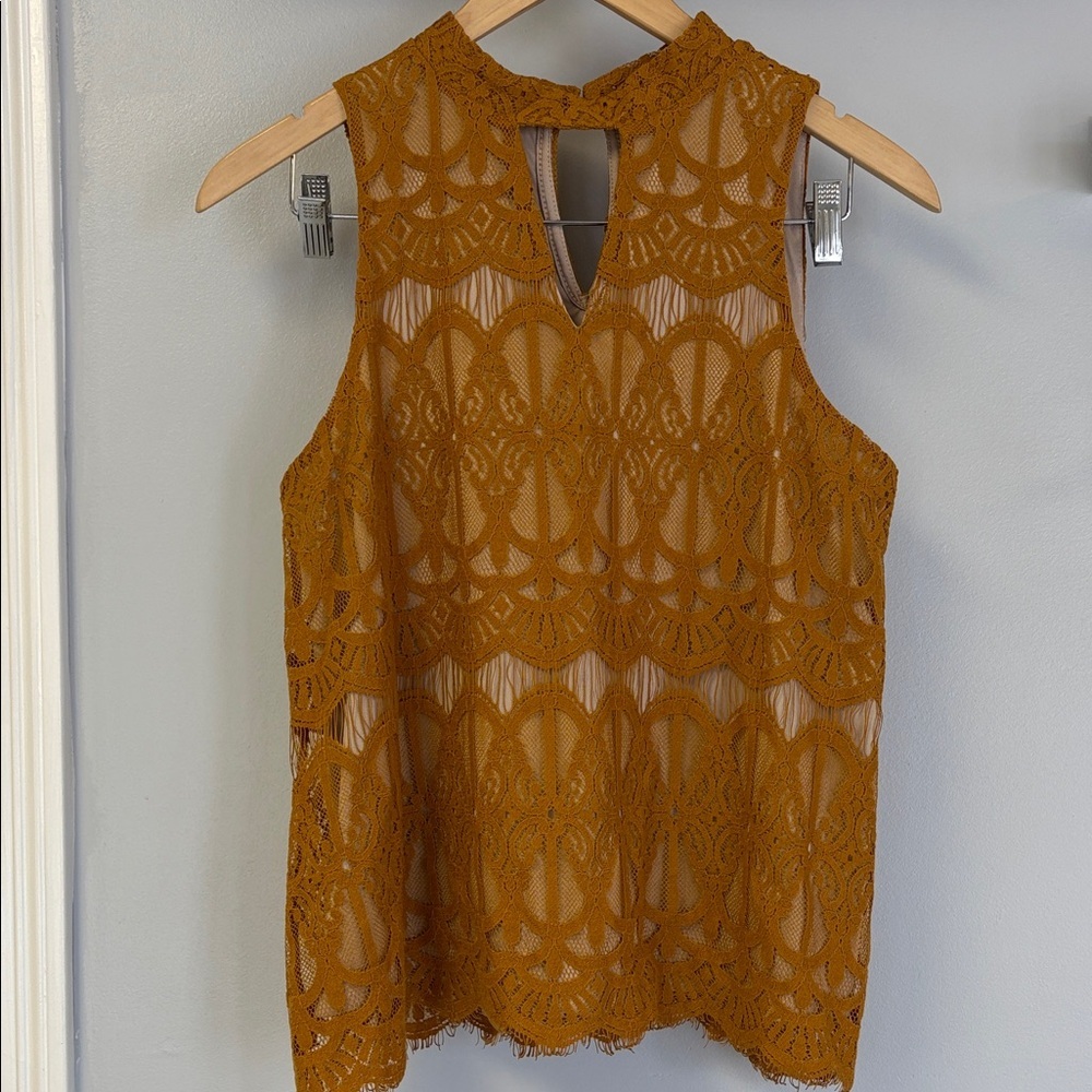 love, Fire Mustard Crochet Lace Sleeveless Keyhole Shell